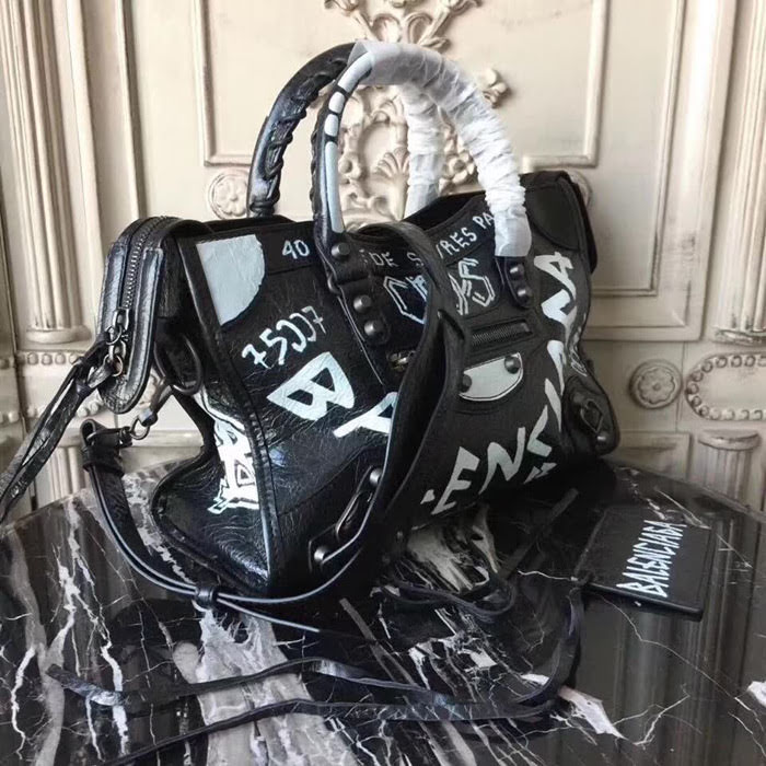 BALENCIAG巴黎世家 Graffiti Classic City30cm機車包 義大利爆裂紋羊皮 手繪彩色塗鴉 手提肩背斜挎包  BL1464